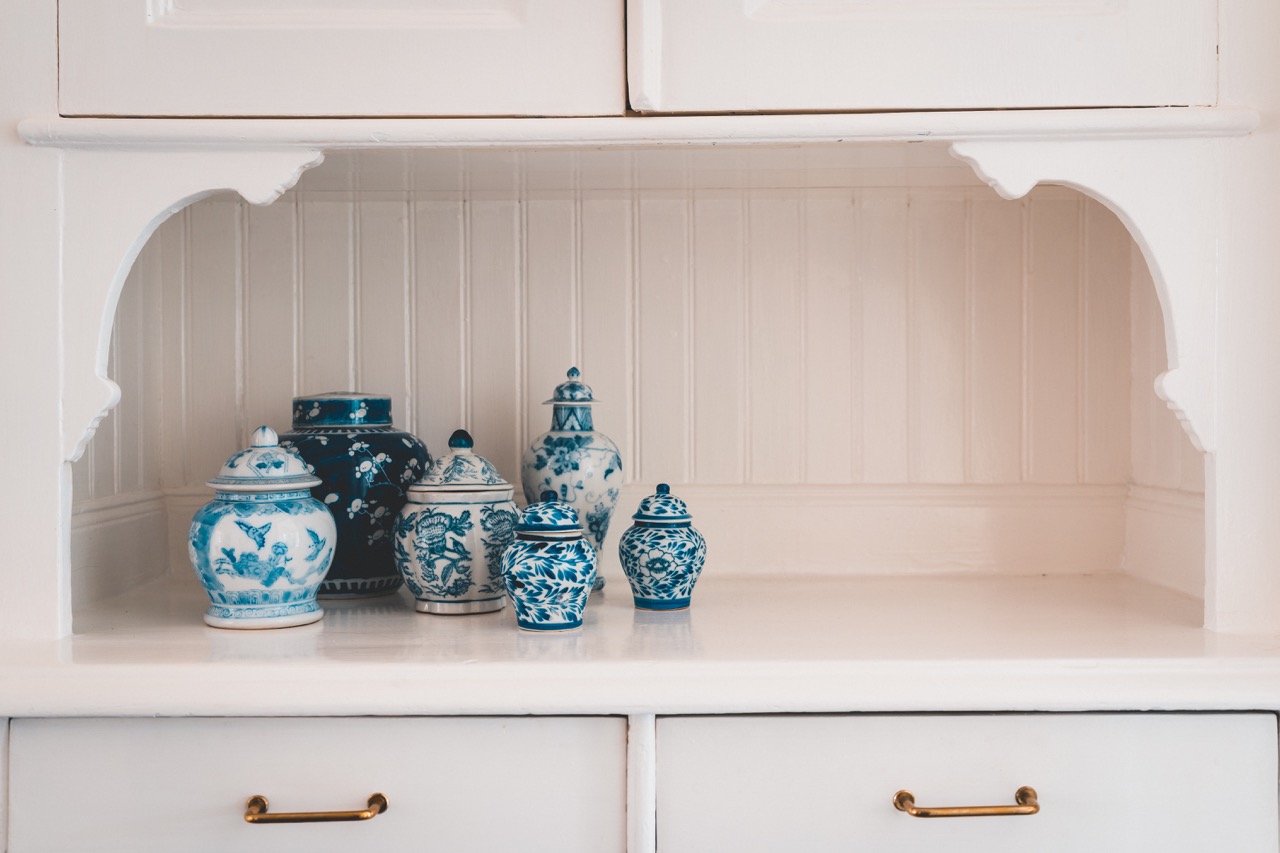 Blue and white porcelain on a coastal style display.