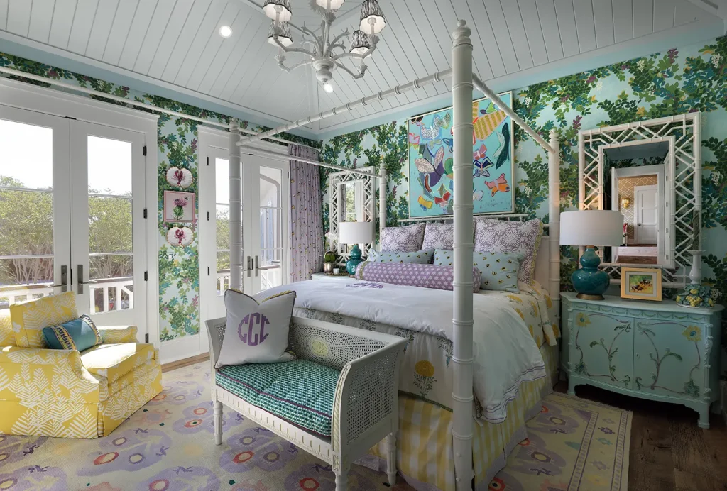 A colorful Southern bedroom with a turquoise, green, and purple color palette